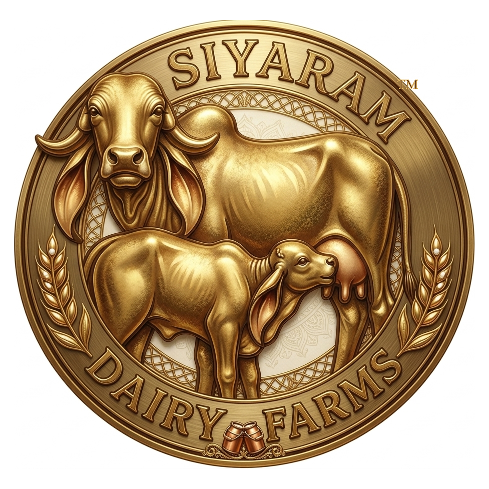 Siyaram Dairy Farms™ emblem featuring a Gir cow and calf
